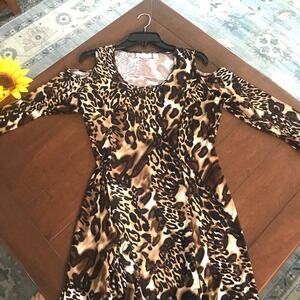 Susan Graver Dress Med Leopard Animal Open Shoulder Fit Flare Artsy Edgy Ethnic